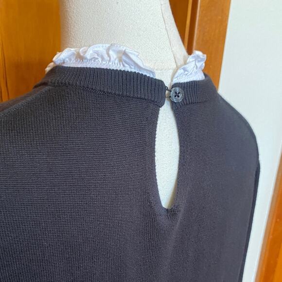 Brooks Brothers Black Crew Neck Sweater White Ruffle Collar Detail 100% Cotton - Picture 5 of 8